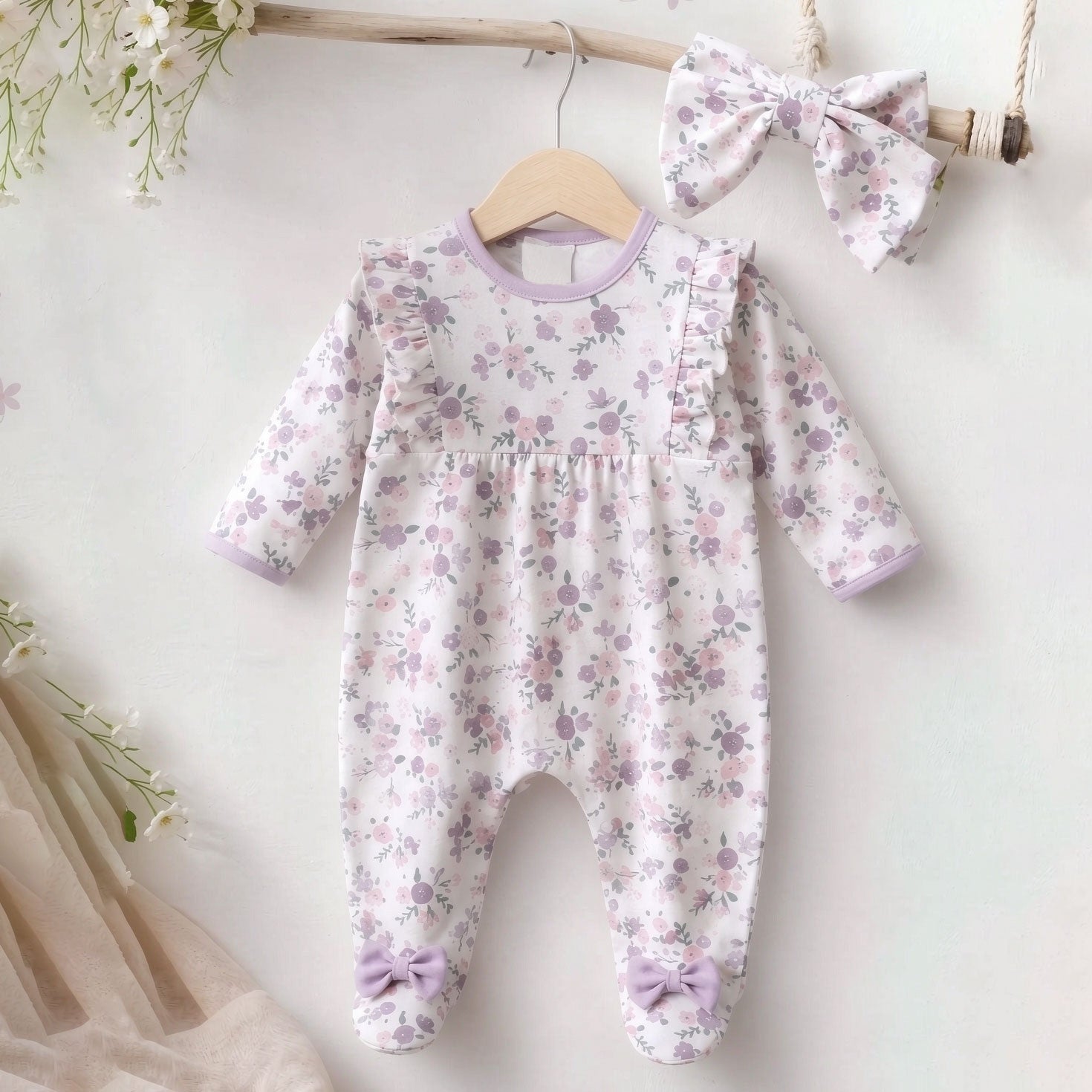 2PCS Cheerful Floral Printed Ruffle Long Sleeve Baby Jumpsuit