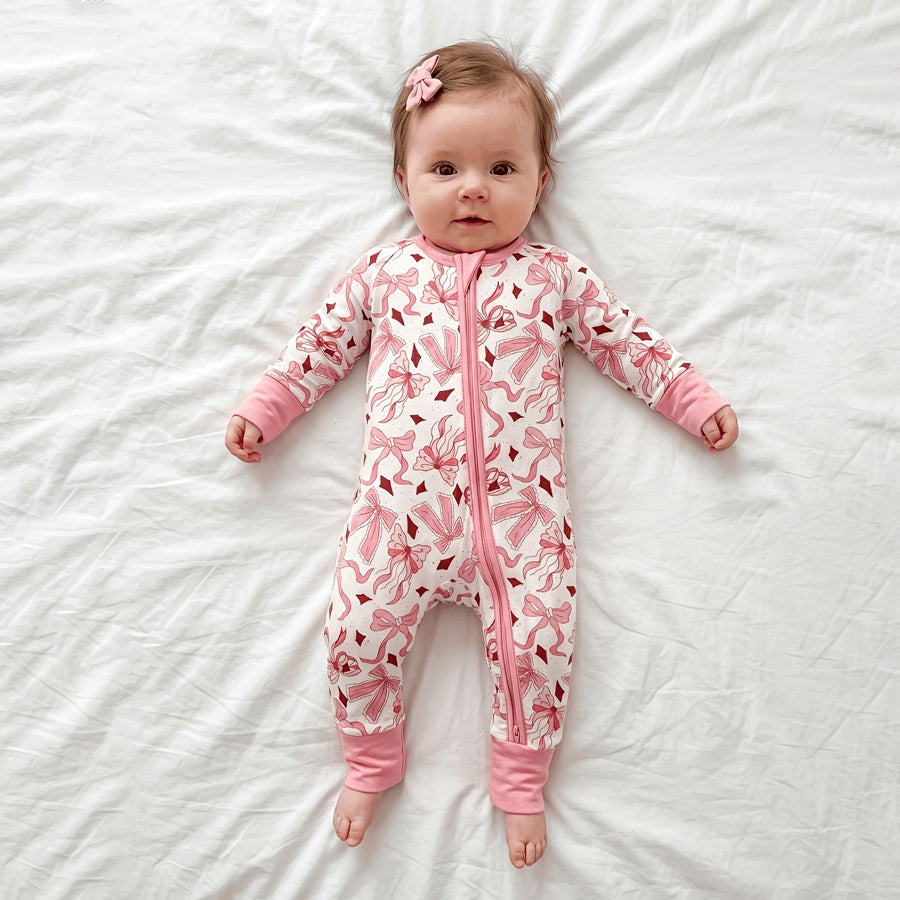 Delightful Bow Print Long Sleeve Zipper Baby Jumpsuit