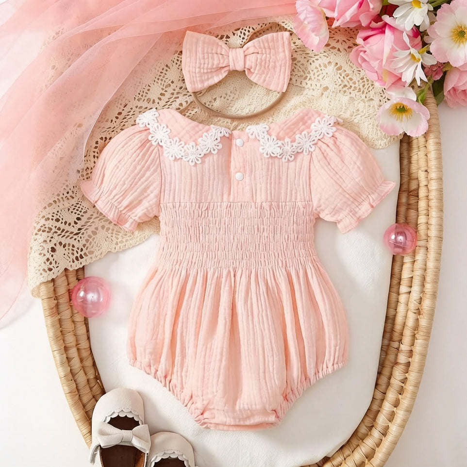 2PCS Sweet Solid Color Floral Appliqué Puff Sleeve Baby Romper