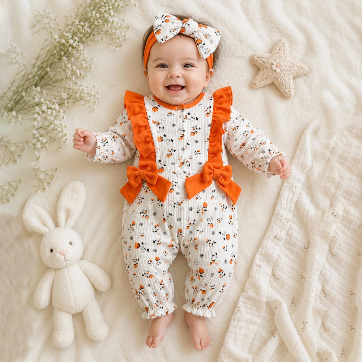 2PCS Vivid Floral Print Long Sleeve Ruffle Baby Girl Jumpsuit