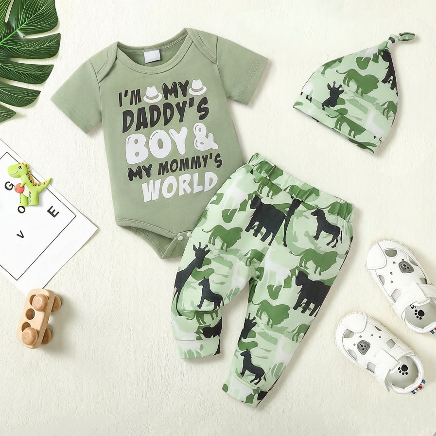 3PCS Daddy's Boy Mommy's World Letter Animal Print Baby Boy Set