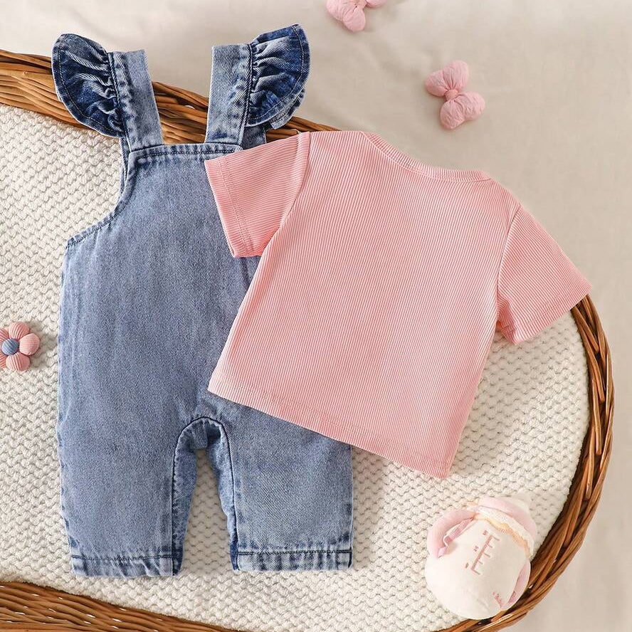 2PCS Bowknot Embroidery Denim Overalls Baby Set