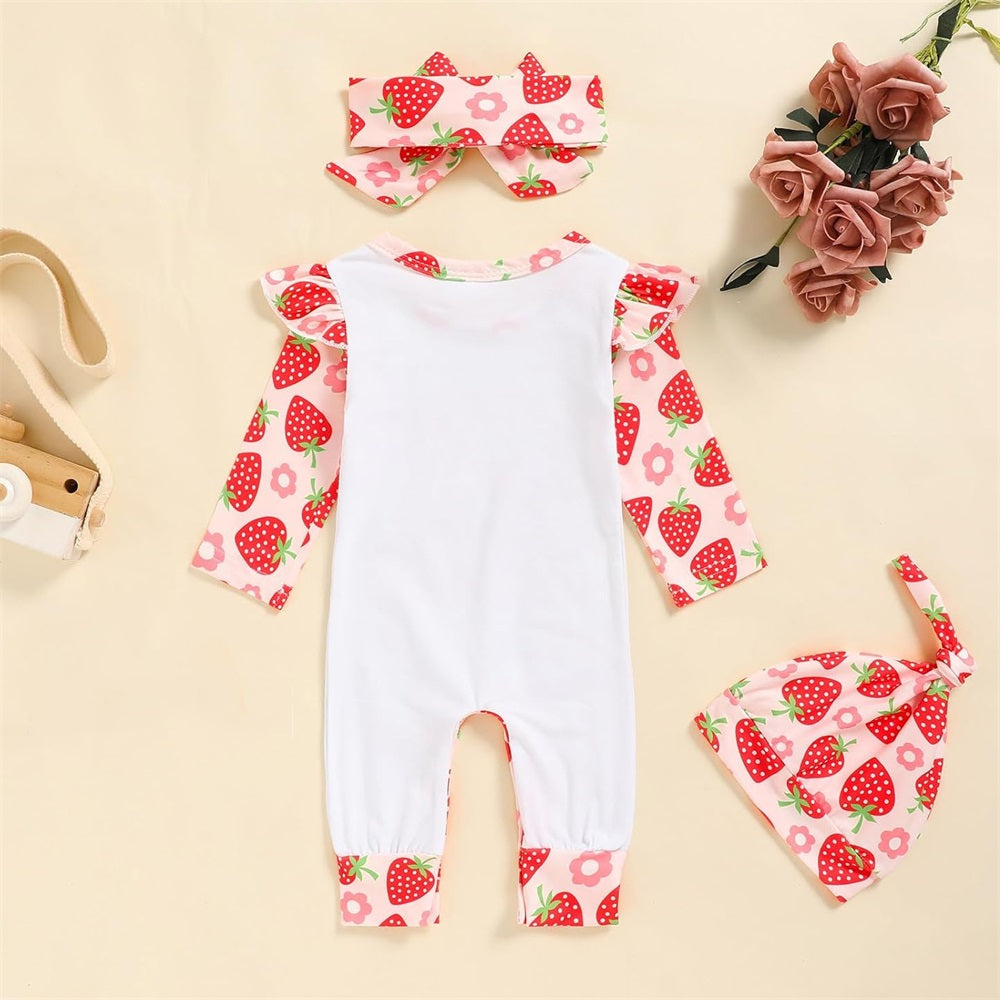 3PCS Princess Has Arrived Letter Strawberry Print Baby Jumpsuit