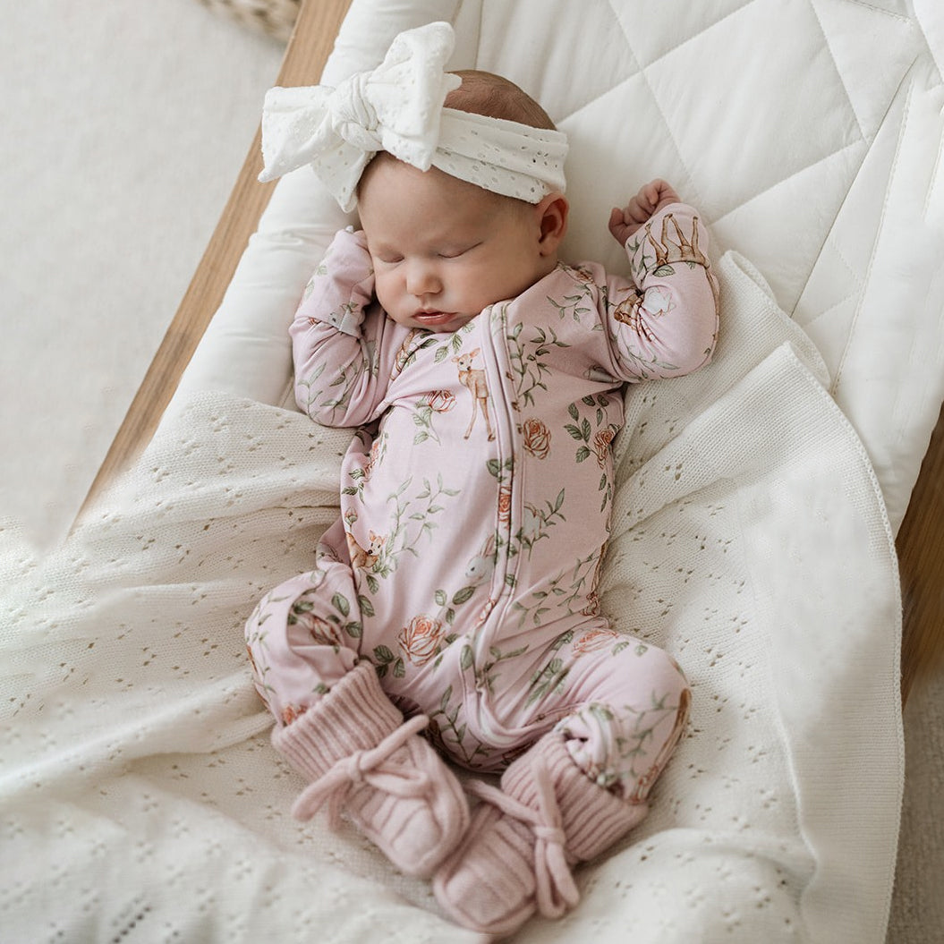 Deer Floral Printed Long Sleeve Zipper Baby Girl Jumpsuit