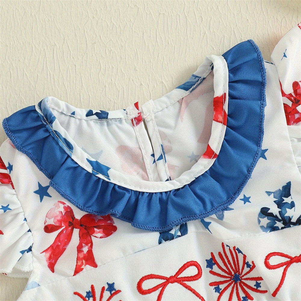 Cute Bow Printed Ruffled Collar Fly Sleeve Baby Romper
