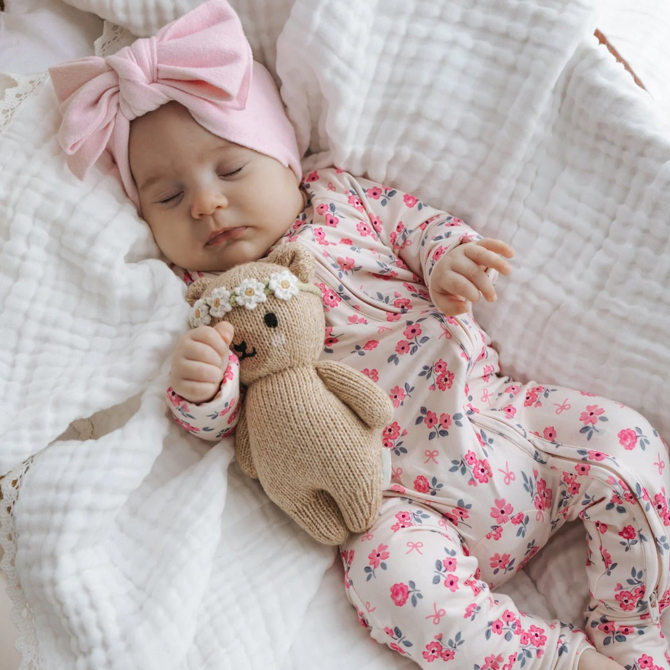 Grace Floral and Bow Print Zipper Long Sleeve Baby Girl Jumpsuit