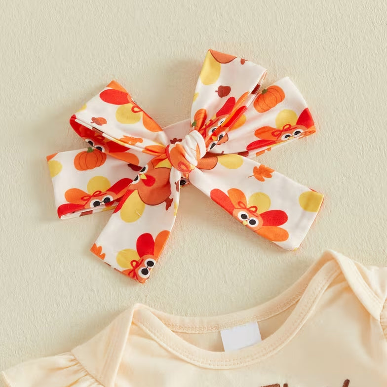 3PCS Cute My First Thanksgiving Letter Turkey Print Long Sleeve Baby Girl Set