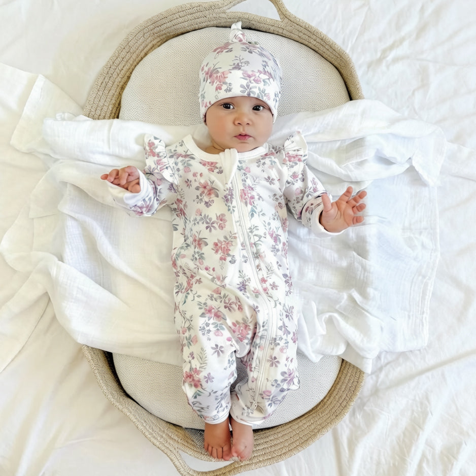 2PCS Exquisite Allover Floral Zipper Print Baby Jumpsuit