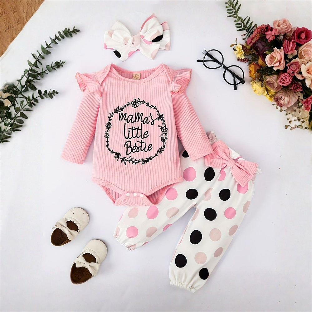 3PCS Mama's Little Bestie Letter Polka Dot Printed Baby Set