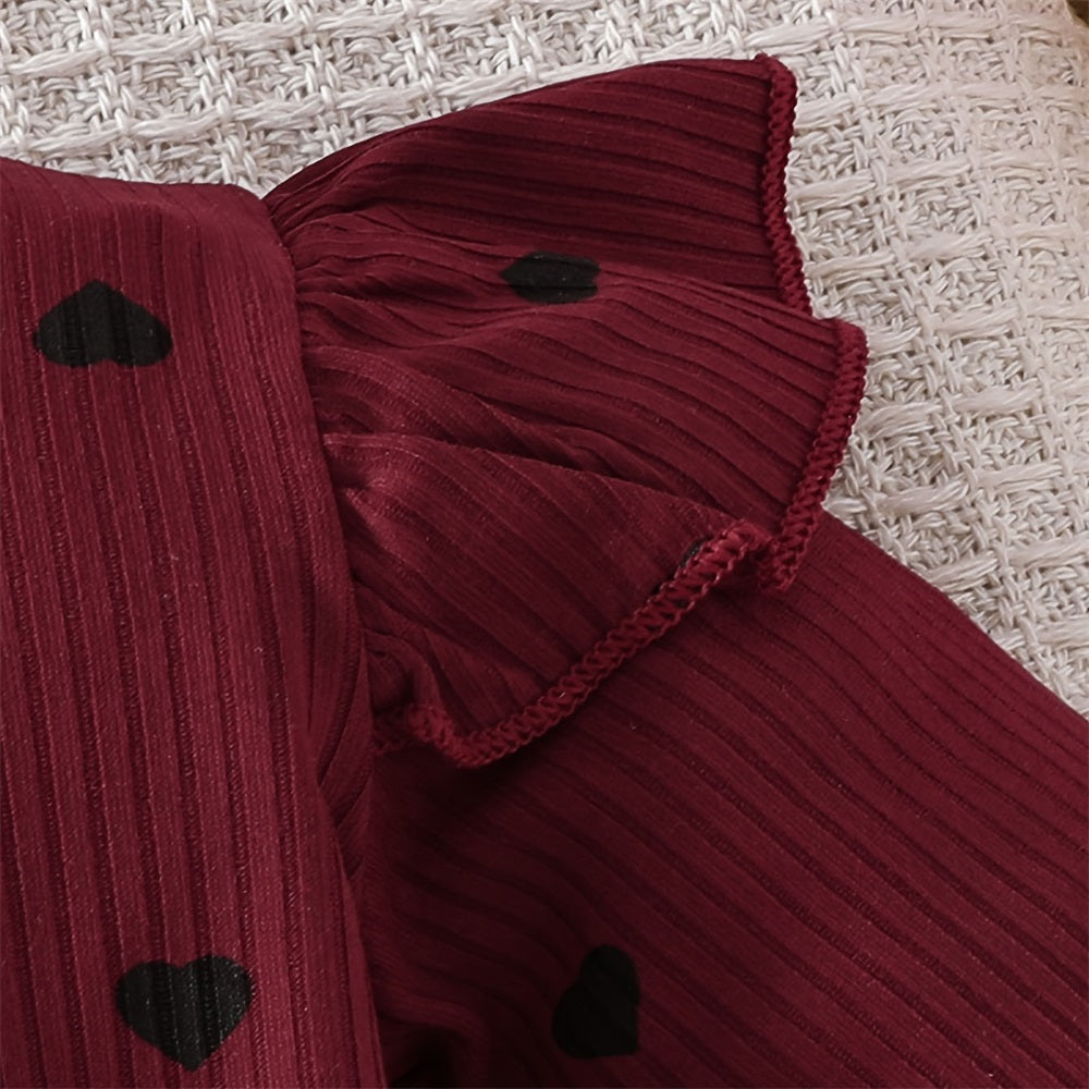 2PCS Cute Heart Print Ruffle Shoulder Long Sleeve Baby Romper