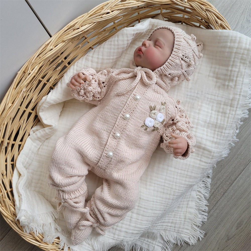2PCS Floral Embroidery Knit Long Sleeve Baby Jumpsuit