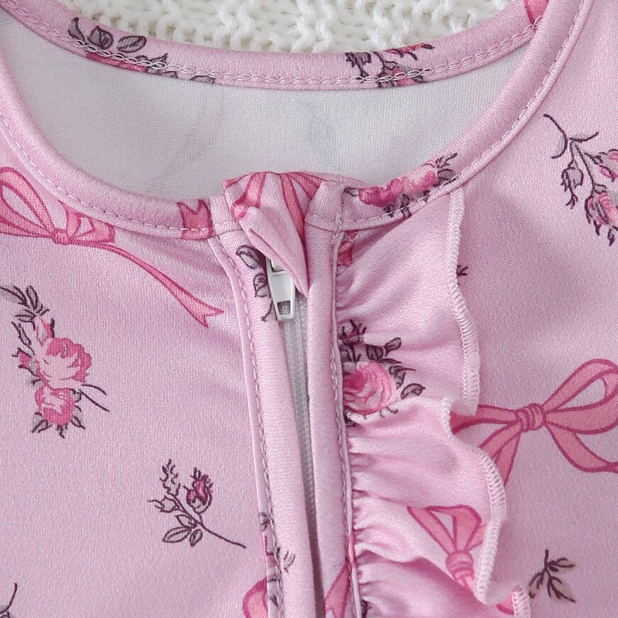 2PCS Delicate Floral Bow Print Zipper Long Sleeve Baby Girl Jumpsuit