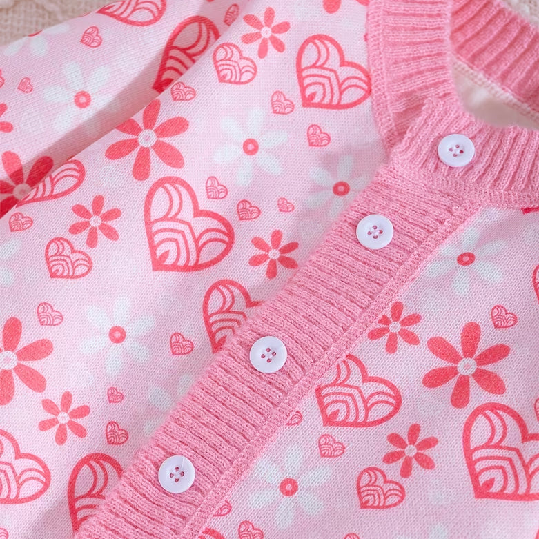Pretty Heart Floral Print Long Sleeve Knit Baby Girl Jumpsuit