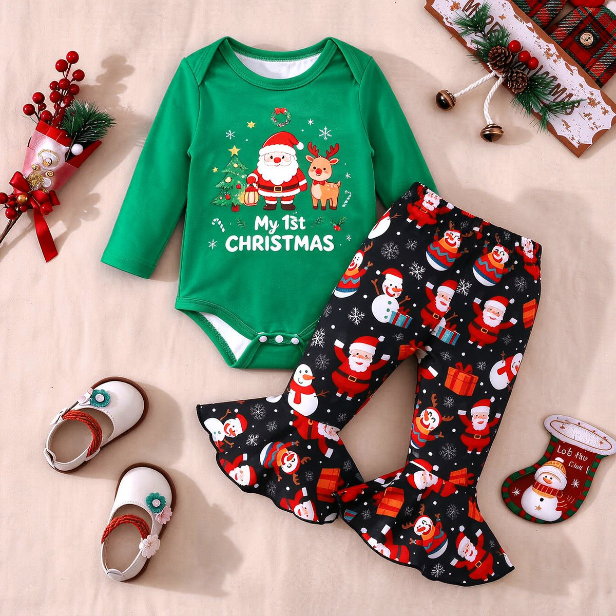 2PCS Pretty My 1st Christmas Letter Santa Claus Print Baby Girl Set