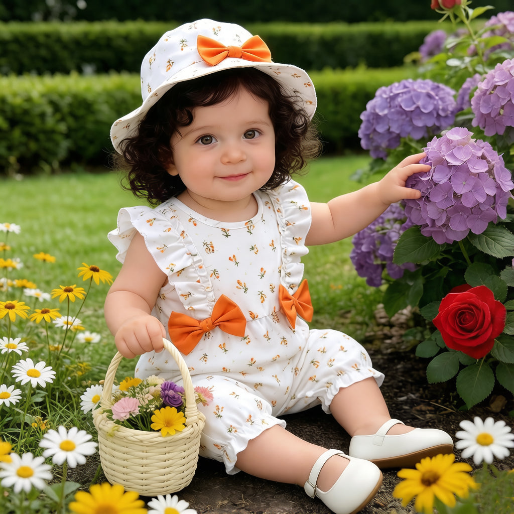 2PCS Lovely Floral Printed Flutter Sleeve Baby Jumpsuit