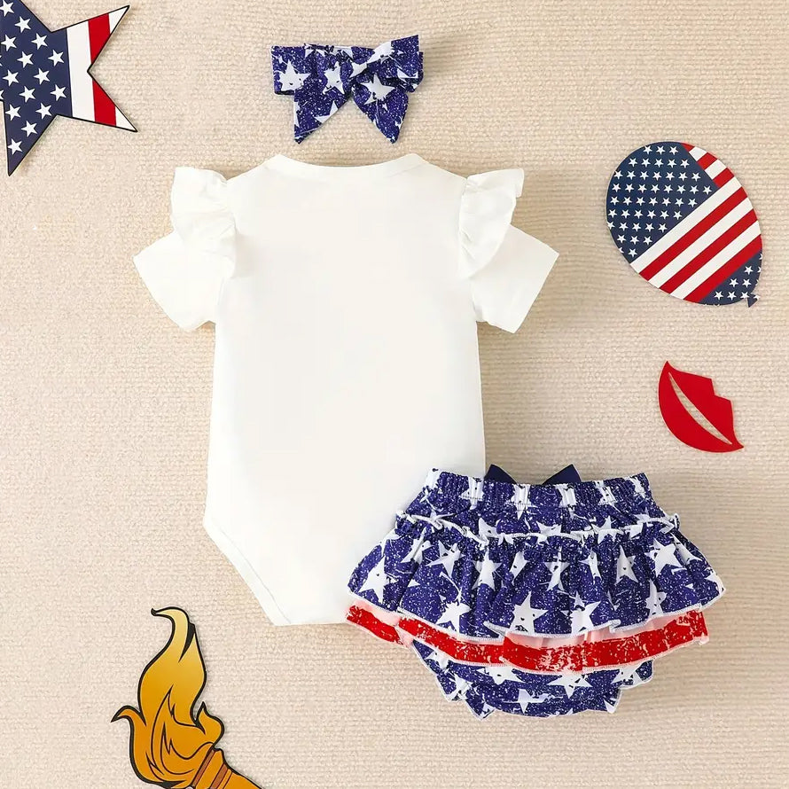 3PCS My 1st 4th of July Letter Printed Short Sleeve Baby Set