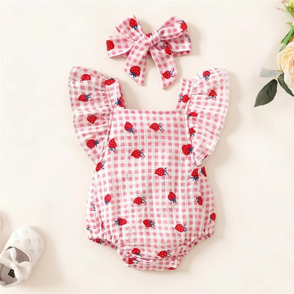 2PCS Strawberry Plaid Printed Flutter Sleeve Baby Romper