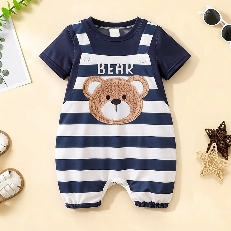 Lovely Bear Stripe Print Short Sleeve Baby Jumpsuit