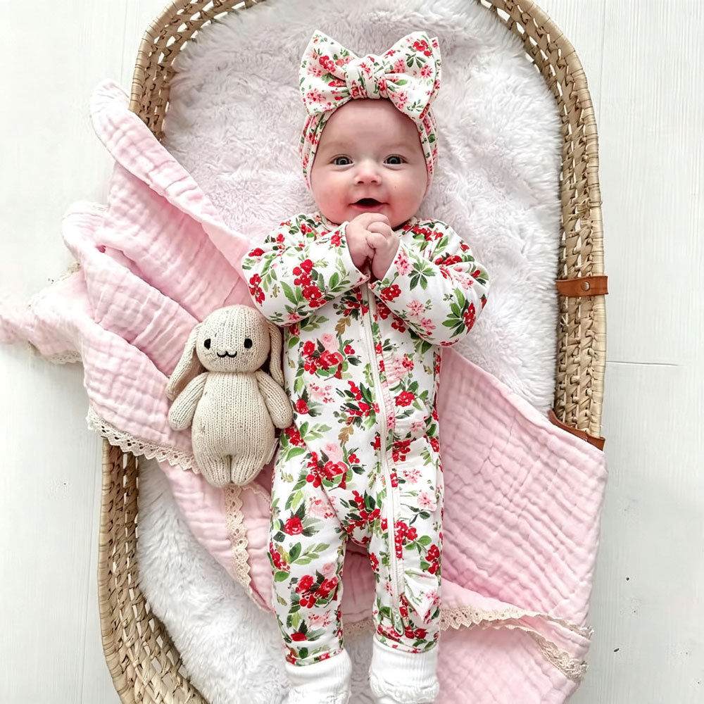 2PCS Chic Floral Printed Zipper Long Sleeve Baby Jumpsuit