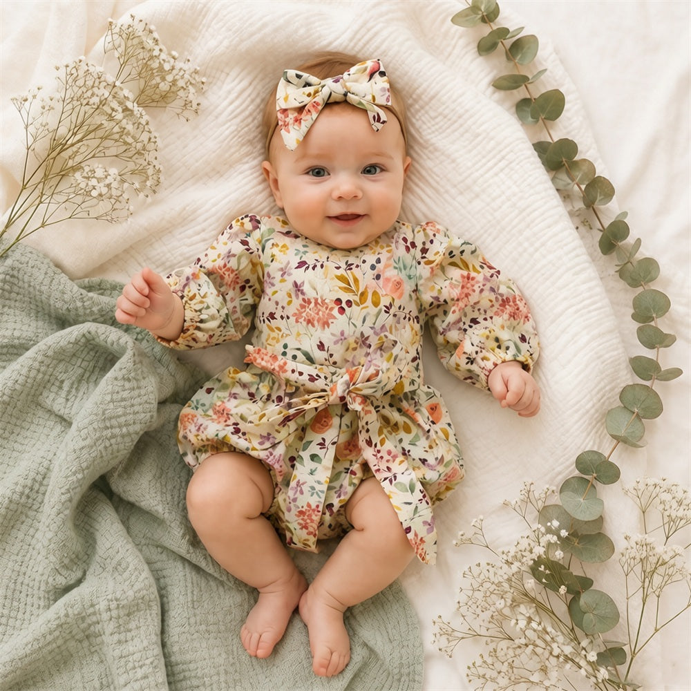 2PCS Grace Floral Print Long Sleeve Baby Girl Romper