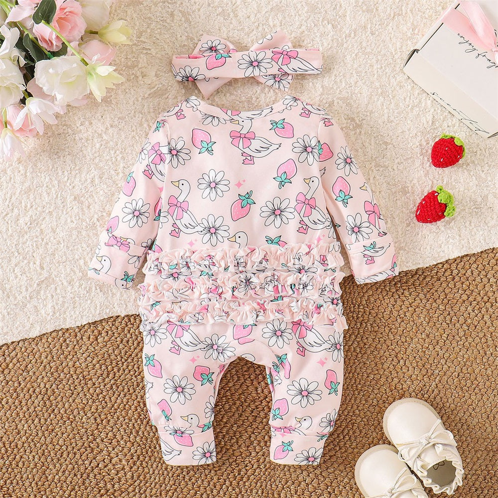 2PCS Lovely Duck and Strawberry Print Frill Baby Jumpsuit