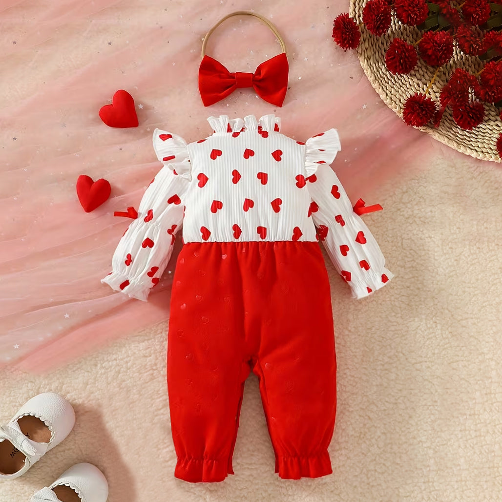 2PCS Stylish Heart Print Long Sleeve Baby Jumpsuit