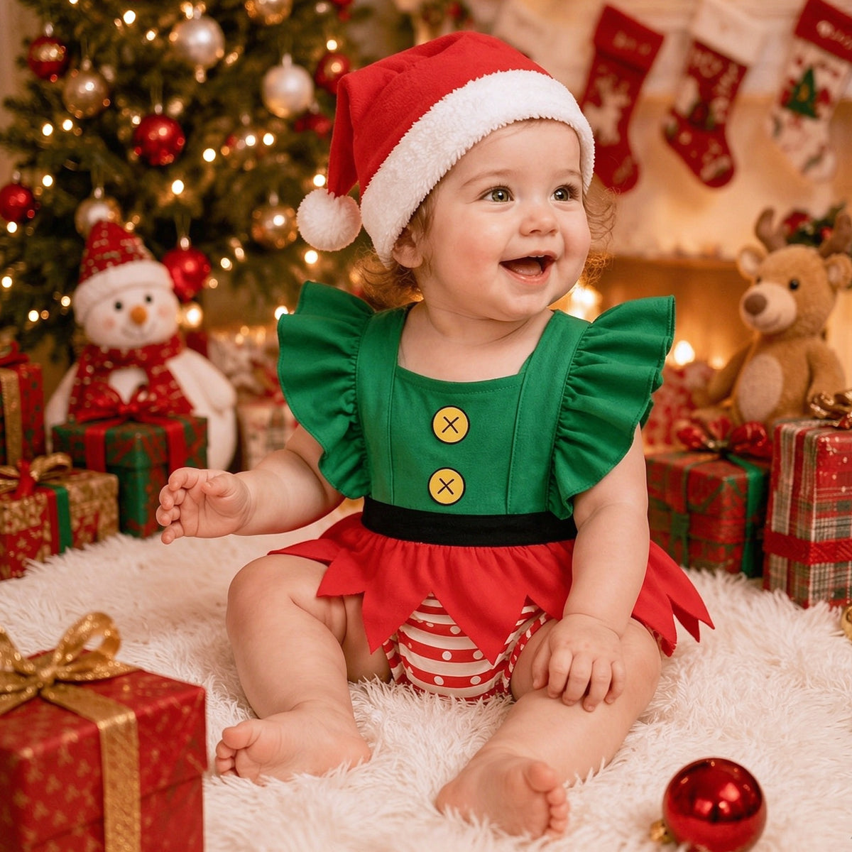 2PCS Green Red Elf Style with Striped Bloomer Flutter Sleeve Baby Romper