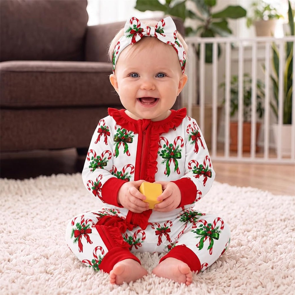 2PCS Cute Candy Cane Print Long Sleeve Baby Jumpsuit
