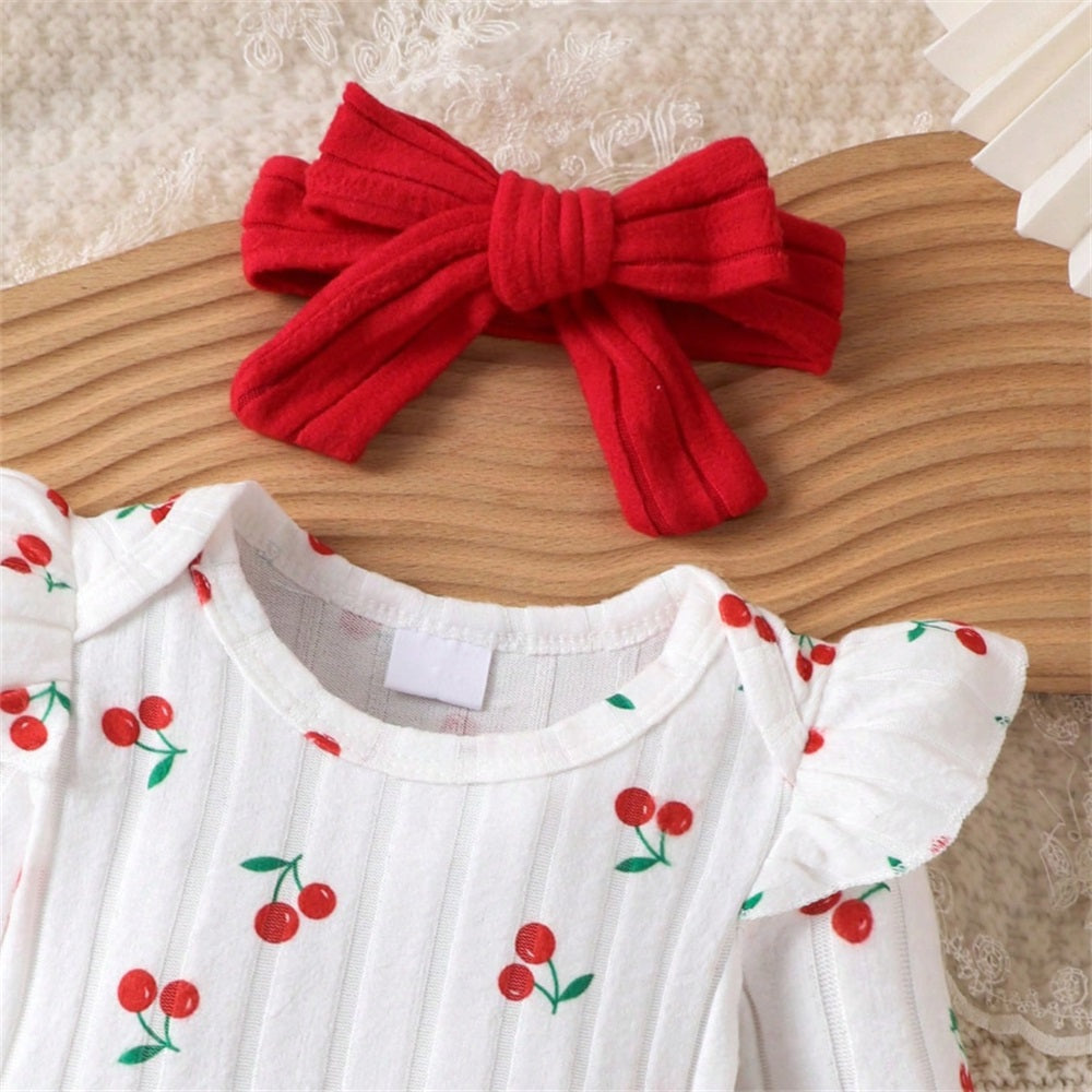 3PCS Cute Soft Cherry Print Long Sleeve Baby Set