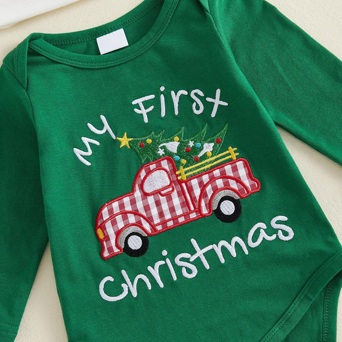 3PCS Cute My First Christmas Letter Tractor Tree Embroidered Baby Boy Set
