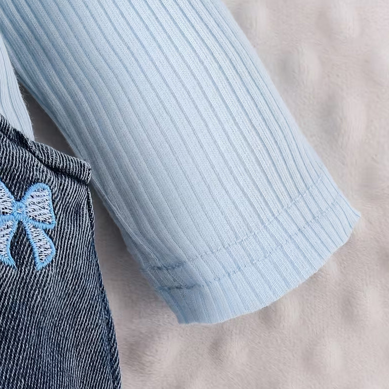 3PCS Sweet Bow Embroidery Overalls Denim Baby Set