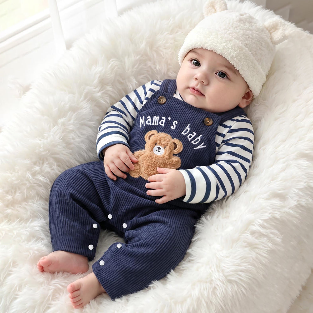 2PCS Mama's Baby Letter Bear Stripe Print Baby Boy Corduroy Overalls Set