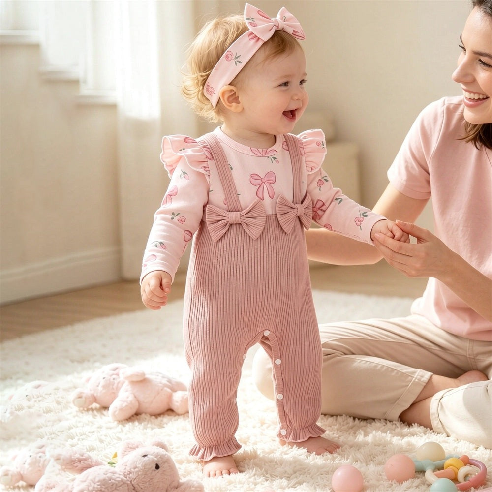 2PCS Pretty Floral Bow Print Ruffle Long Sleeve Baby Jumpsuit