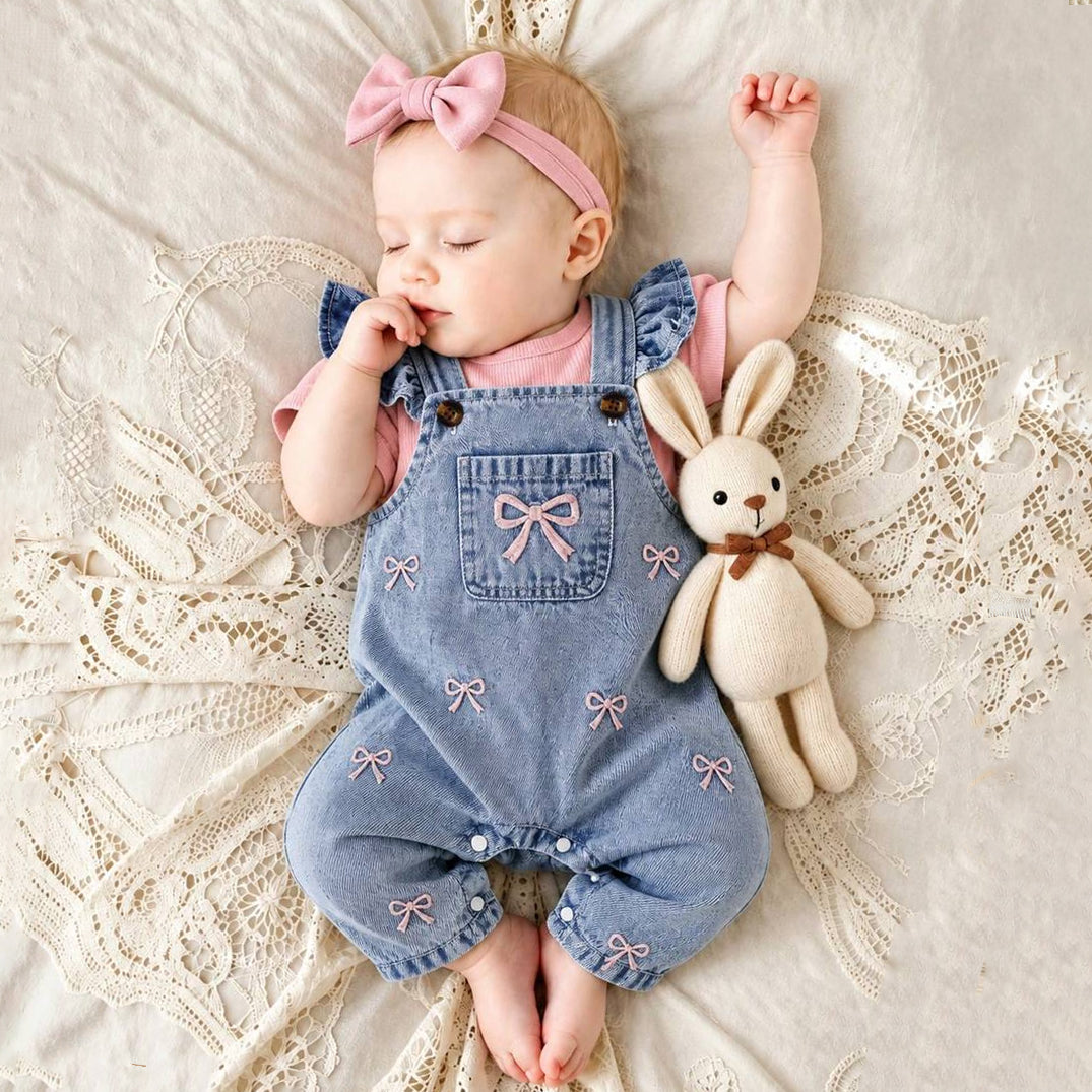 2PCS Bowknot Embroidery Denim Overalls Baby Set