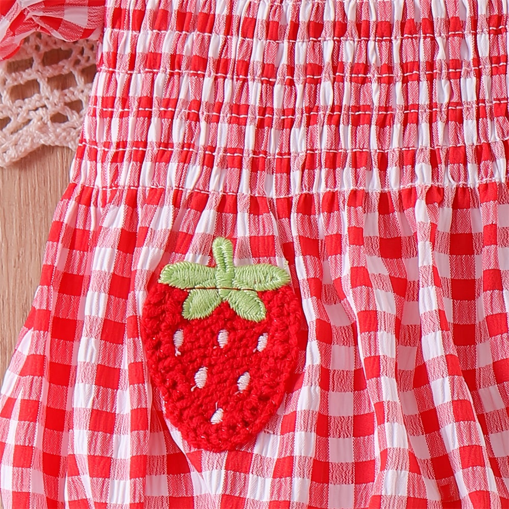 2PCS Vibrant Strawberry Plaid Print Baby Romper