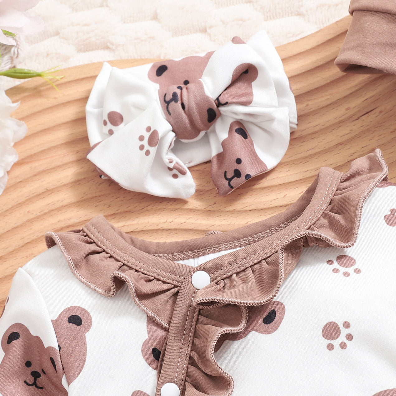 3PCS Adorable Bear & Paw Print Long Sleeve Baby Jumpsuit