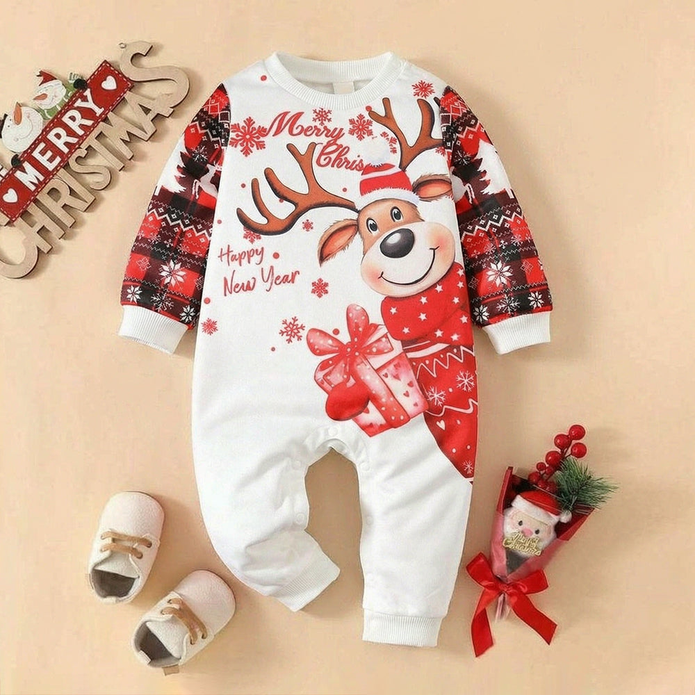 Casual Wapiti Print Long Sleeve Christmas Baby Jumpsuit