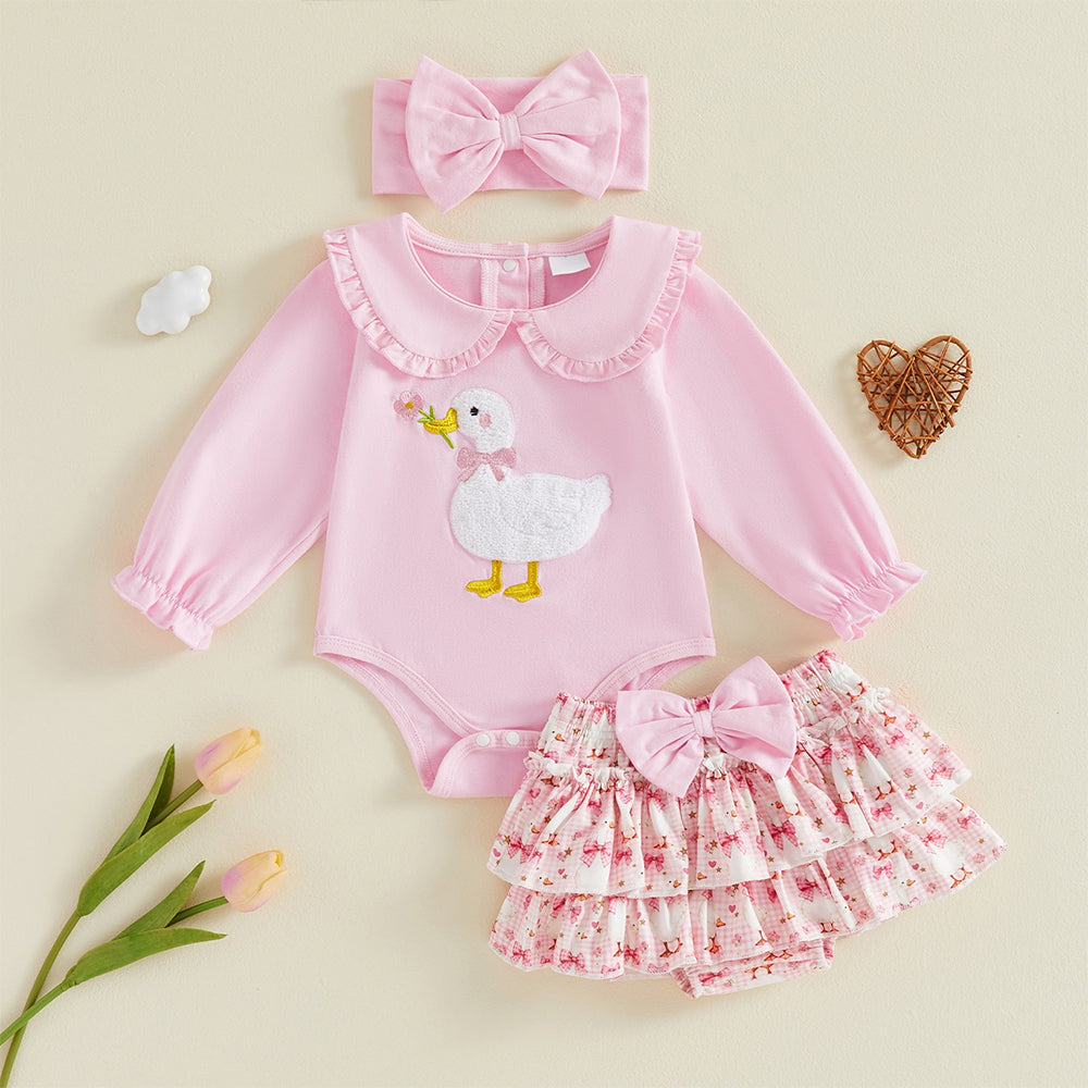 3PCS Duck Embroidery Bow Printed Long Sleeve Baby Girl Set