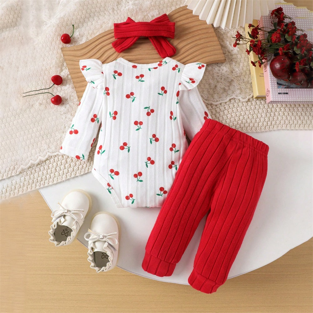 3PCS Cute Soft Cherry Print Long Sleeve Baby Set