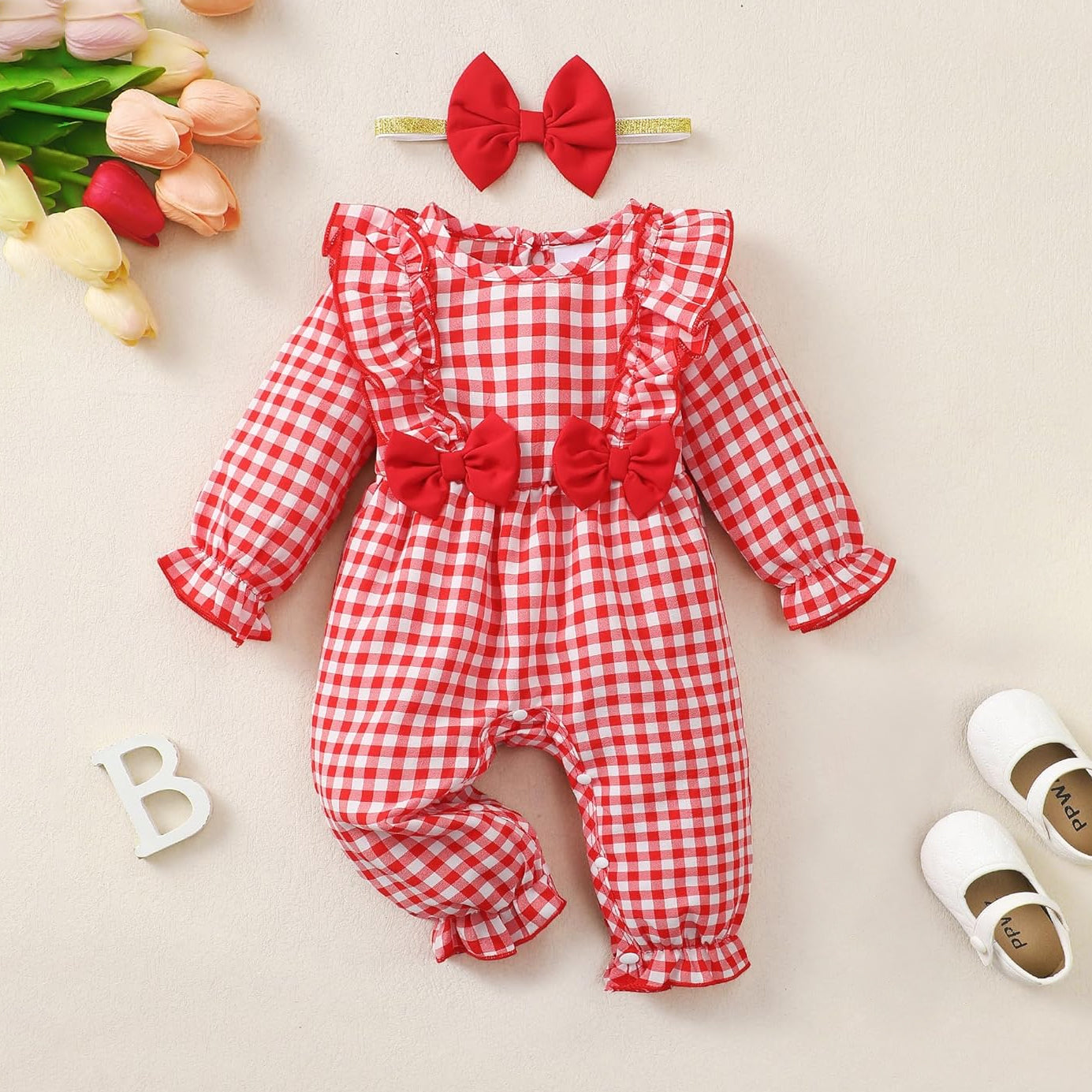 2PCS Classic Plaid Print Bow Long Sleeve Baby Jumpsuit
