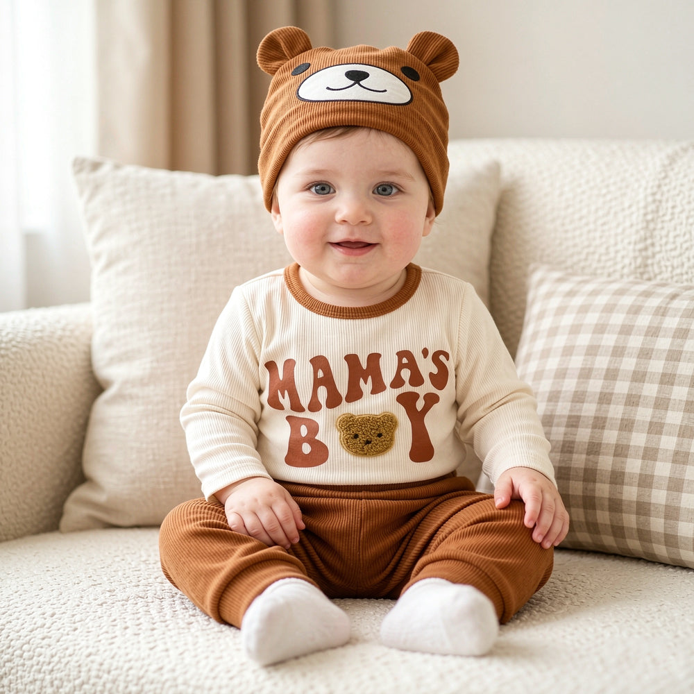 3PCS Mama's Boy Letter Bear Applique Long Sleeve Baby Set
