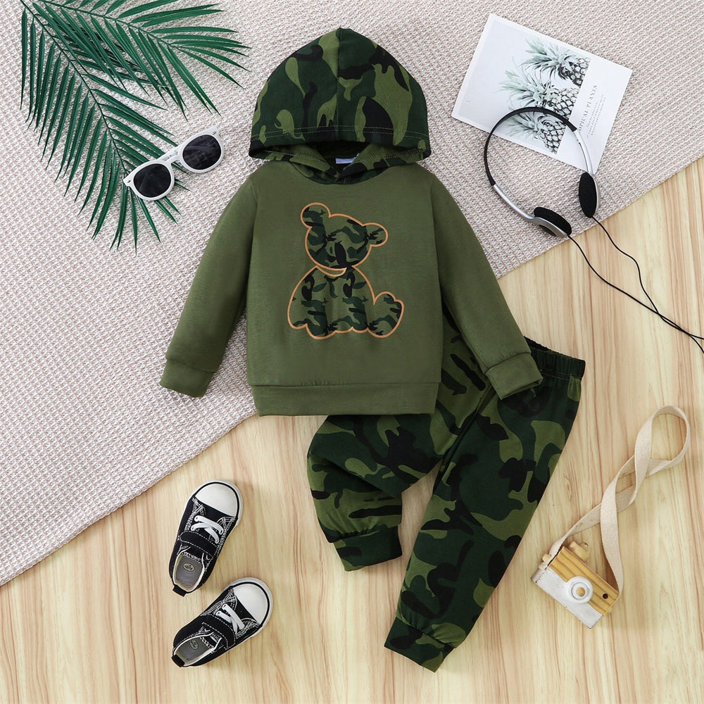 2PCS Lovely Bear Camouflage Printed Long Sleeve Hoodie Baby Set