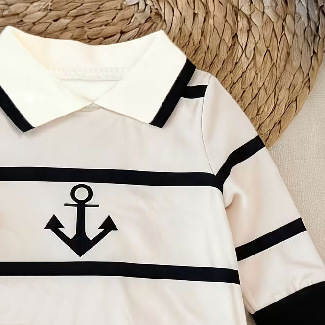 Casual Anchor Stripe Print Long Sleeve Baby Boy Jumpsuit