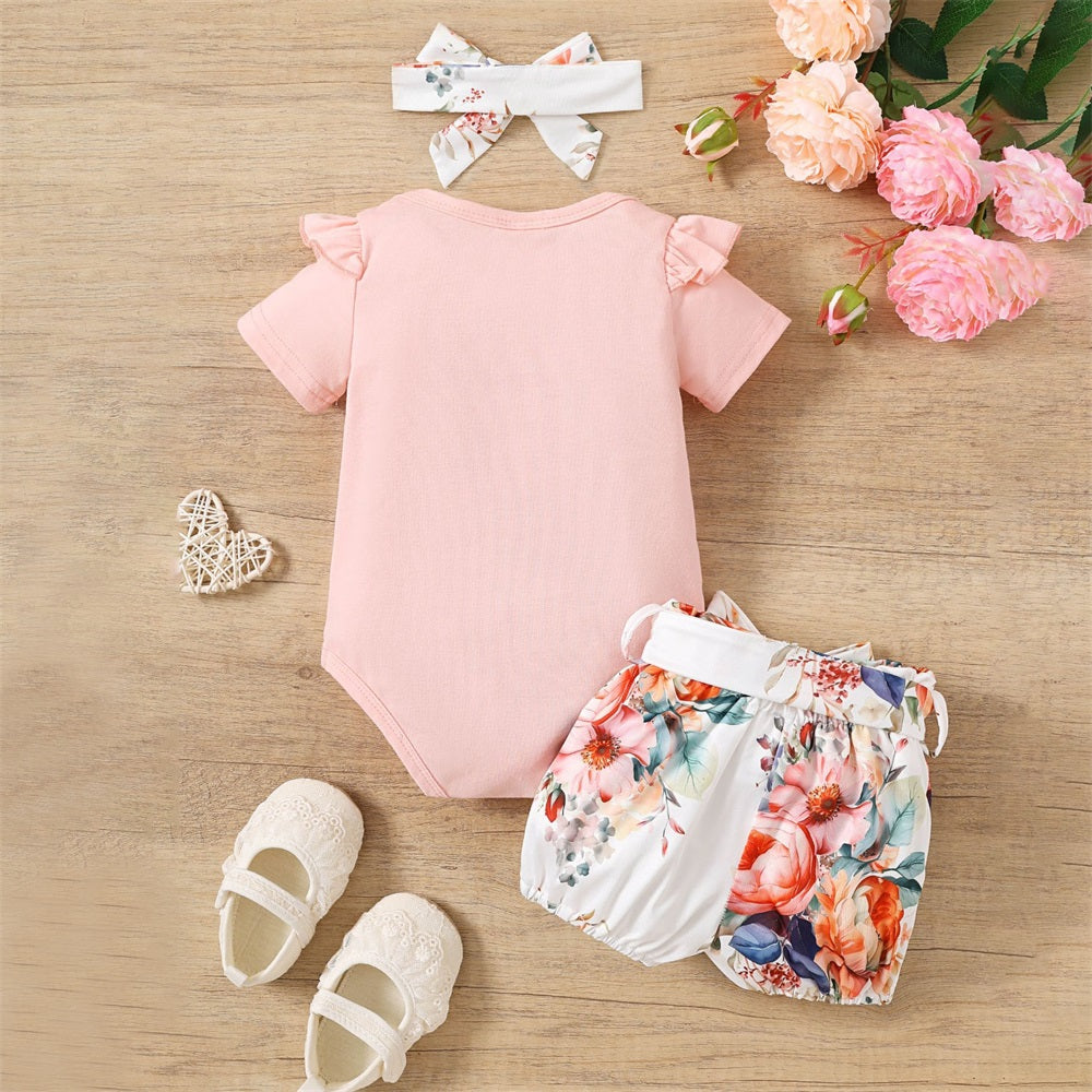 3PCS Mama's Bestie Letter Floral Printed Short Sleeve Baby Set