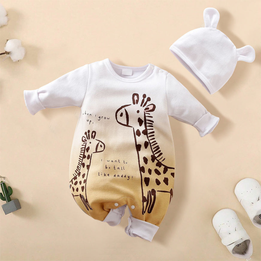 2PCS I Want To Be Tall Like Daddy Giraffe Letter Printed Baby Jumpsuit