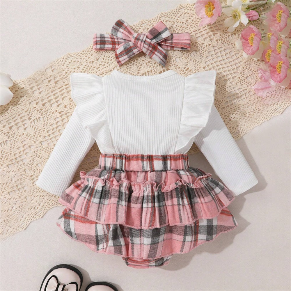 2PCS Stylish Plaid Print Ruffle Shoulder Long Sleeve Baby Romper