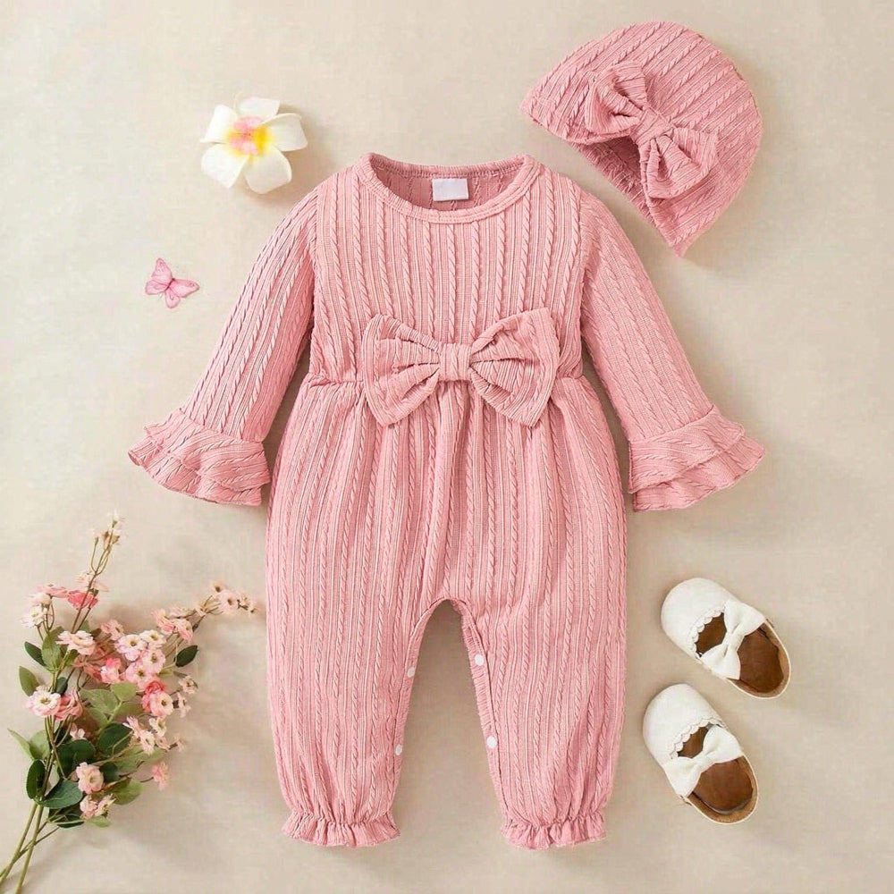 2PCS Winsome Solid Color Long Sleeve Baby Girl Jumpsuit