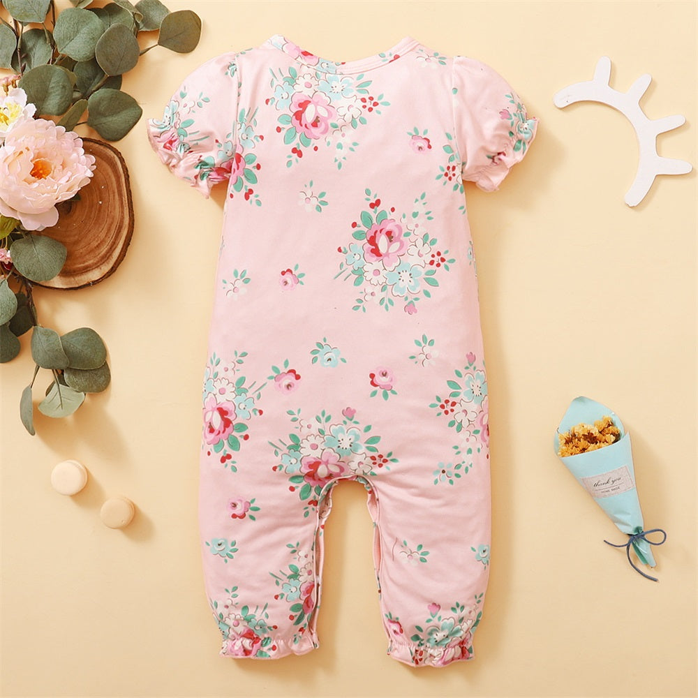 Lovely Floral Printed Short Sleeve Baby Jumpsuit