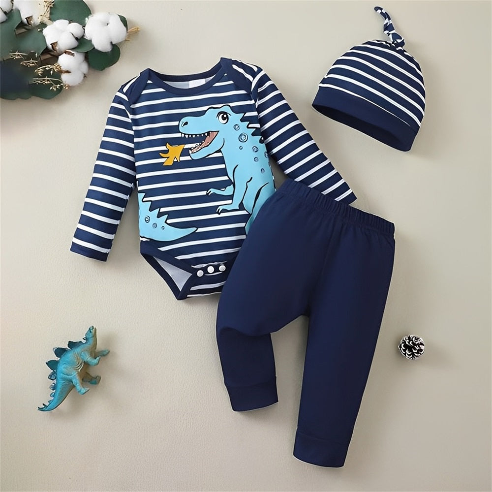3PCS Casual Dinosaur Print Stripe Long Sleeve Baby Set