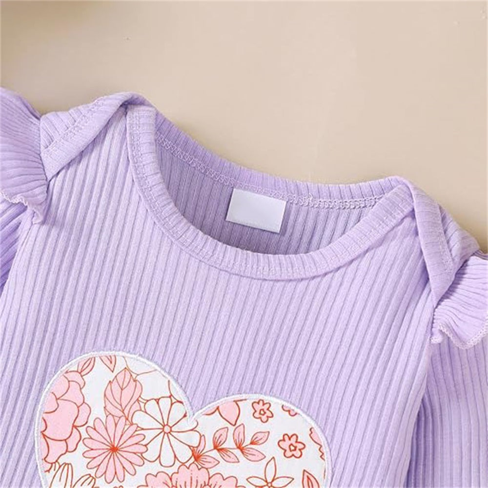 2PCS Heart Floral Printed Bow Long Sleeve Baby Set